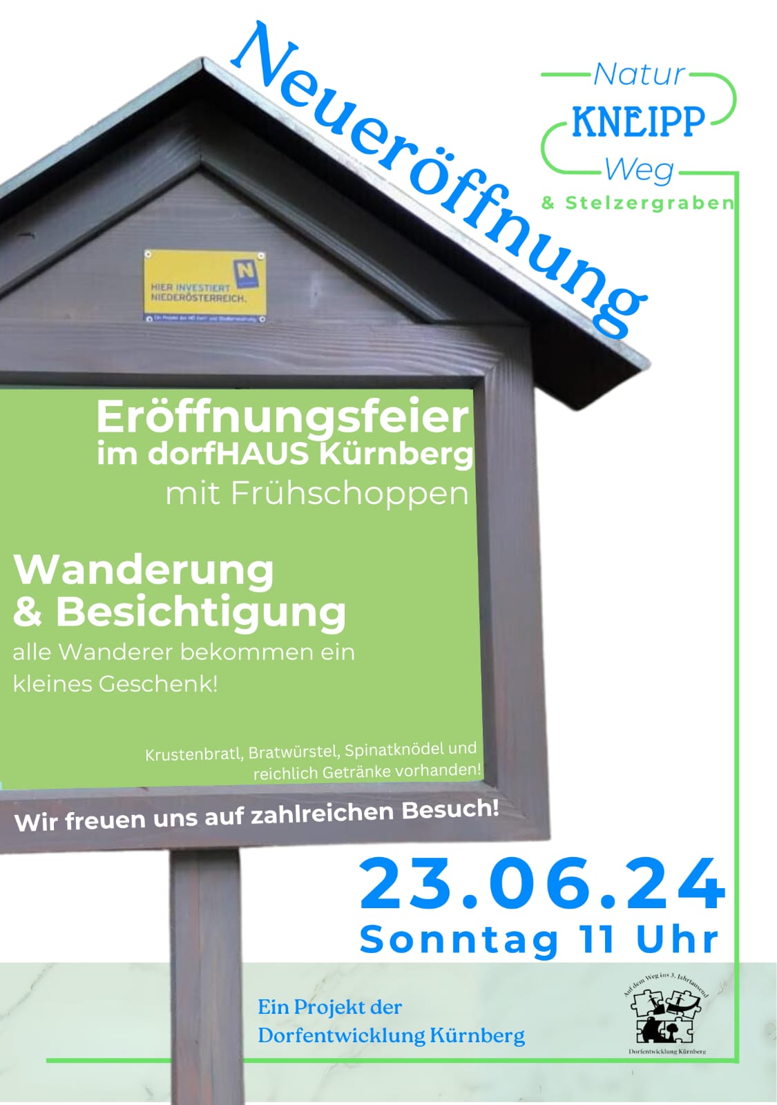 Plakat Eröffnungsfeier im dorfHAUS Kürnberg mit Frühschoppen am Sonntag, 23. Juni 2024 um 11 Uhr.
Die Dorfentwicklung Kürnberg freut sich auf zahlreiche Gäste.