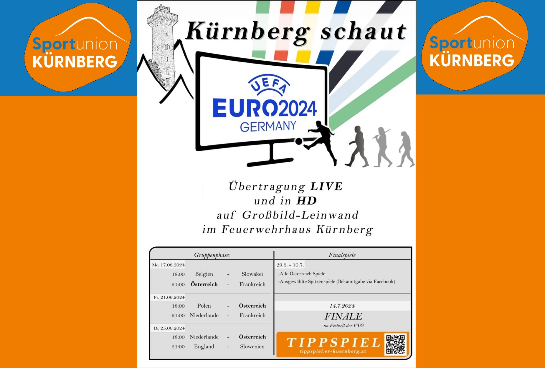 Plakat Kürnberg schaut Euro 2024 - Live und in HD auf Großbild-Leinwand im Feuerwehrhaus Kürnberg.