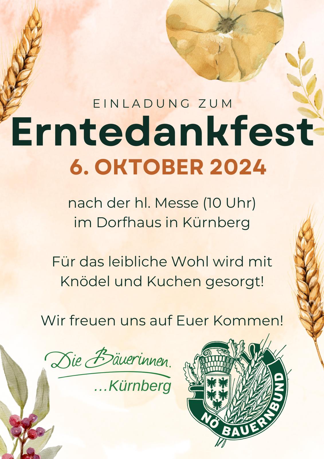 Erntedankfest, Sonntag 6. Oktober 2024 in Kürnberg