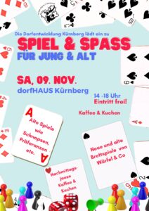 Spiel & Spaß für Jung und Alt im dorfHAUS Kürnberg am 9.11.2024 14 - 18 Uhr. Eintritt frei.