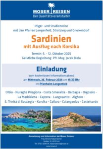 Einladung zur Infoveranstaltung für die Pilgerreise nach Sardinien am 26. Februar 2025 um 19:30 Uhr im Pfarrheim Lengenfeld.