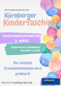 Kinderfasching am 2. März 2025 ab 14 Uhr im dorfHAUS Kürnberg.